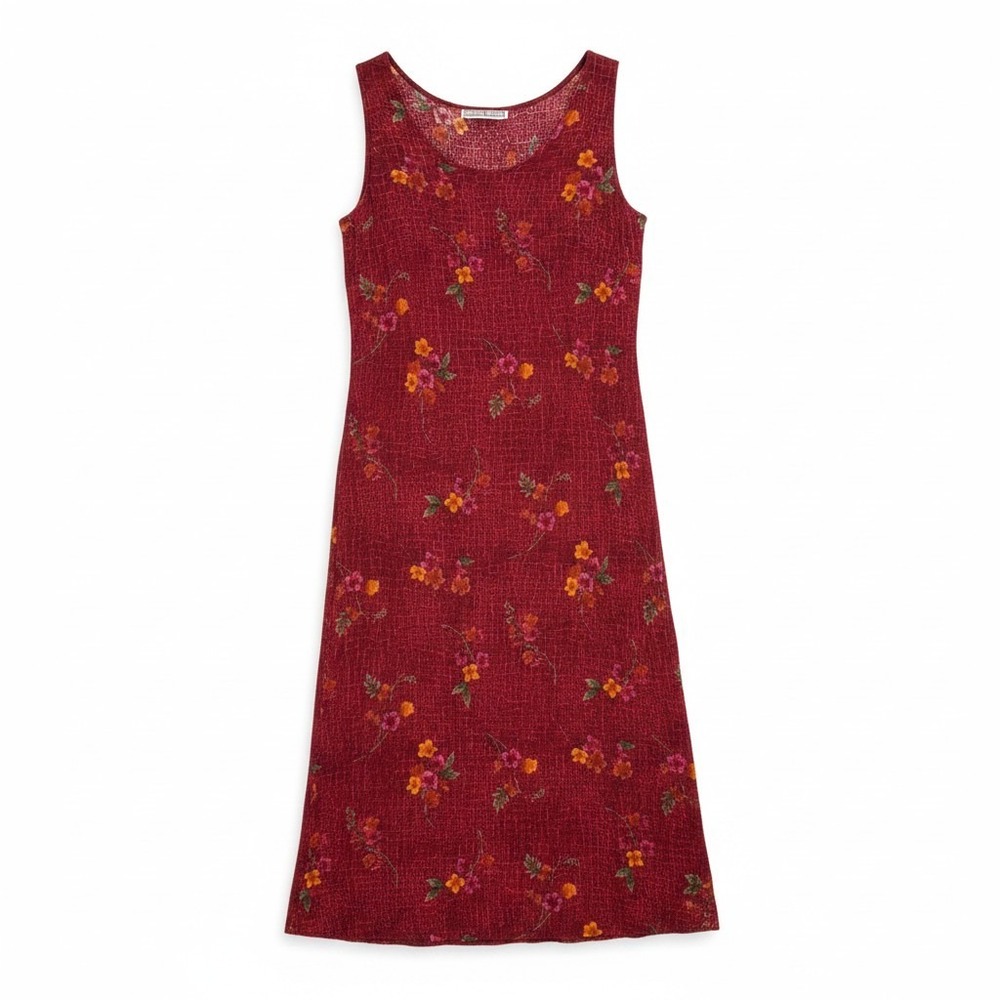 Vintage 90s Dress Barn Floral Midi Dress Burgundy Back Tie Side Slit Knit Size L